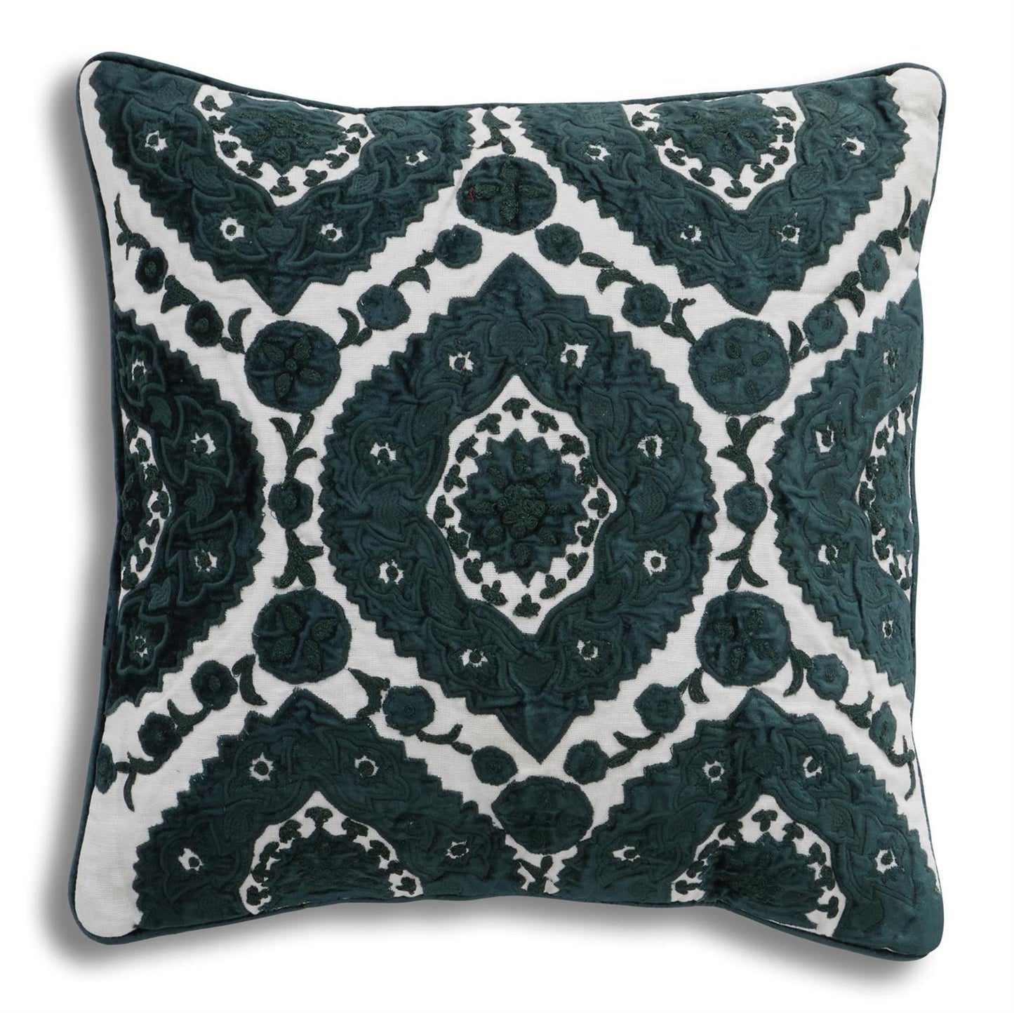 20" Emerald Green Velvet Embroidered Linen Throw Pillow