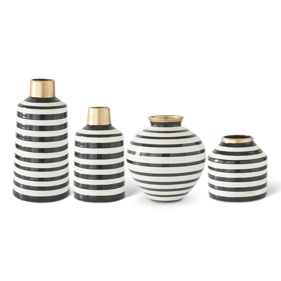 Modern Black & White Striped Ceramic Vase with Gold Rim | Decorative Accent Vase