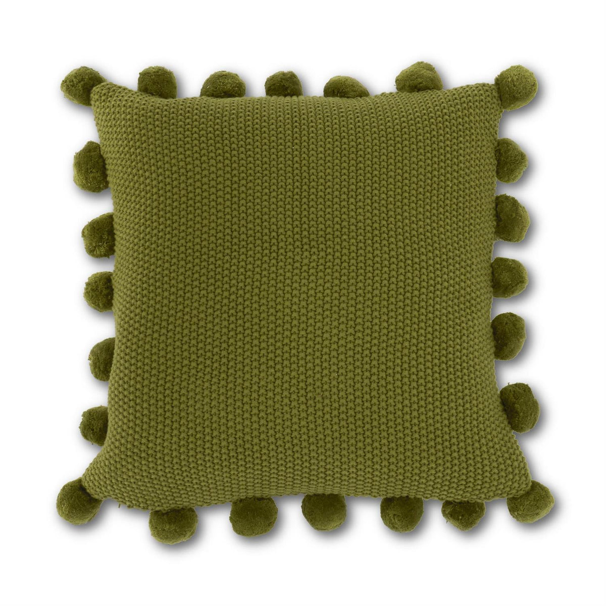 20" Sage Green Moss Stitch Knit Throw Pillow with Pom Pom Trim | Cozy Cotton Accent Pillow