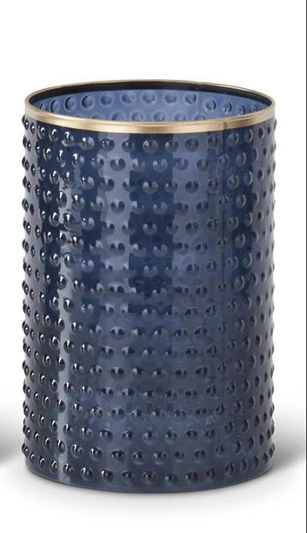 Small Blue Dot Embossed Container with textured blue glass and gold-painted rim