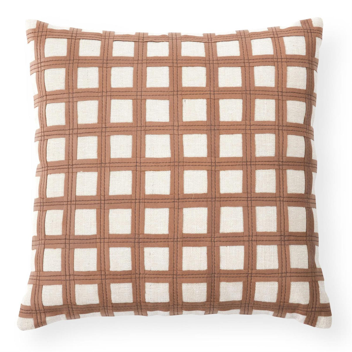 20" Tan Vegan Leather Grid Throw Pillow | Modern Cotton & Jute Accent Pillow