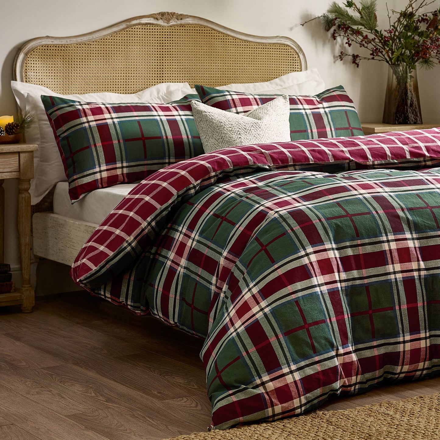 Braemar Check Soft Brushed Cotton Duvet Cover Set Berry/Pine