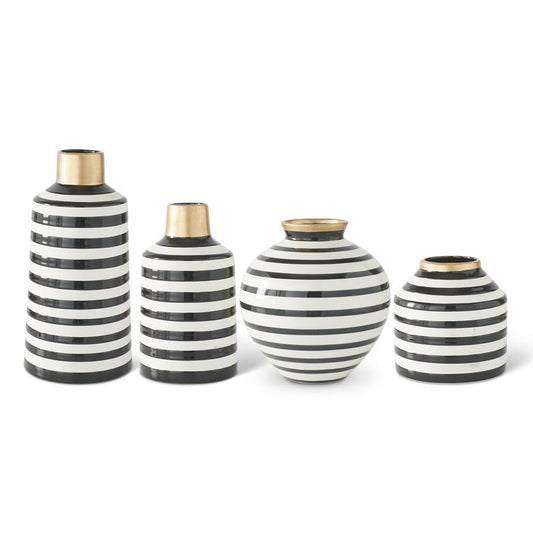 Modern Black & White Striped Ceramic Vase with Gold Rim | Decorative Accent Vase