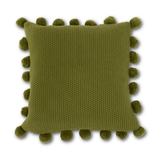 20" Sage Green Moss Stitch Knit Throw Pillow with Pom Pom Trim | Cozy Cotton Accent Pillow