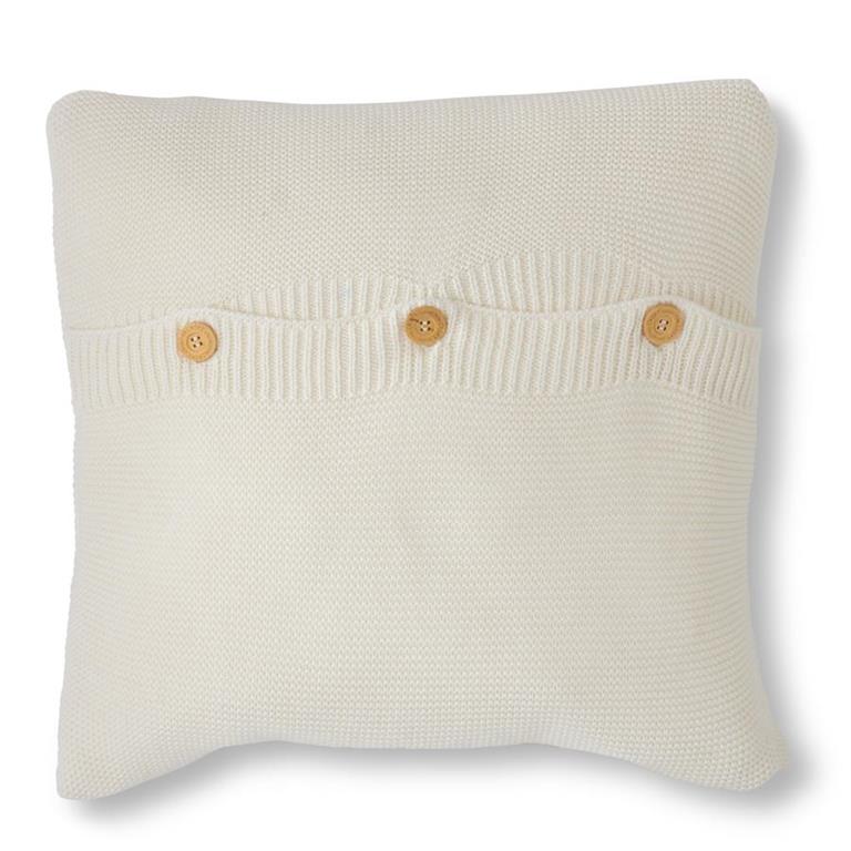 20" White Cotton Knit Throw Pillow with Wooden Button Detail | Cozy Farmhouse Accent Pillow