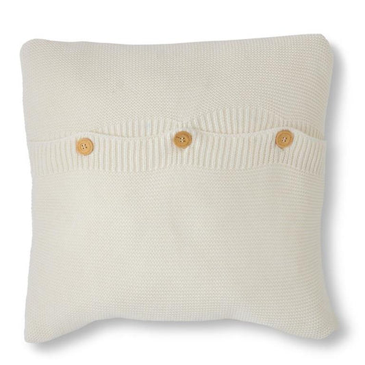 20" White Cotton Knit Throw Pillow with Wooden Button Detail | Cozy Farmhouse Accent Pillow