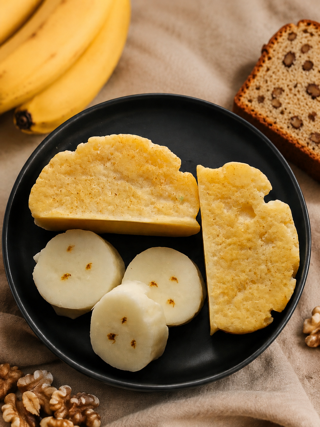 Black plate with sliced bread and bananas on a textured surface
