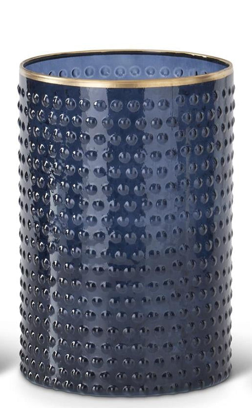 Medium Blue Dot Embossed Container with textured blue glass and gold-painted rim