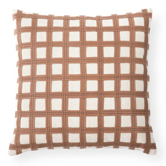 20" Tan Vegan Leather Grid Throw Pillow | Modern Cotton & Jute Accent Pillow
