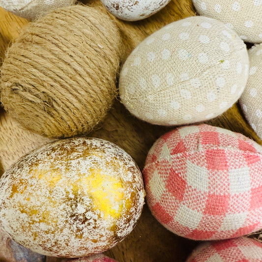 Mini Decorative Fabric & Textured Eggs – Rustic Spring Charm