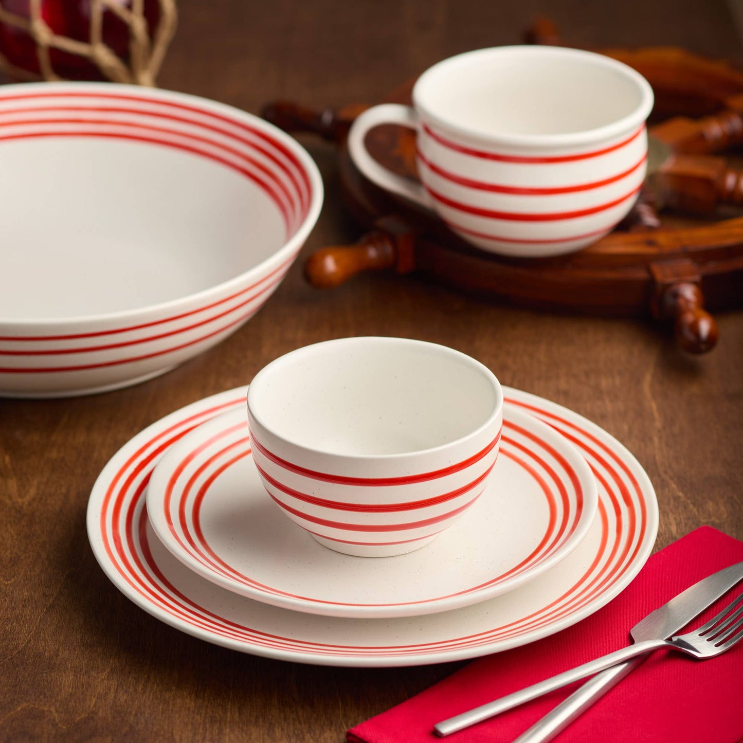 Red Striped Stoneware Bowl