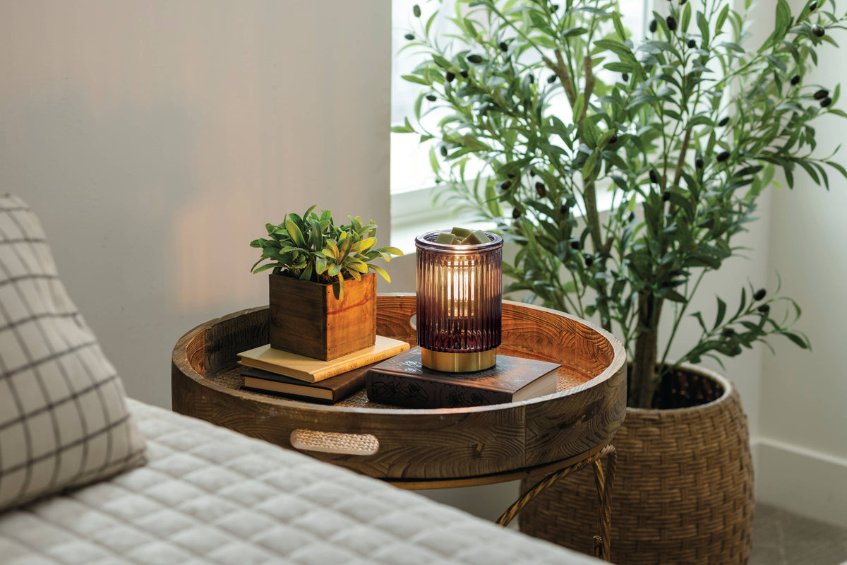 A rustic round wooden tray side table styled in a bedroom setting next to a bed, holding a small potted succulent, a lit amber glass candle, and books, with a large potted green tree in the background.