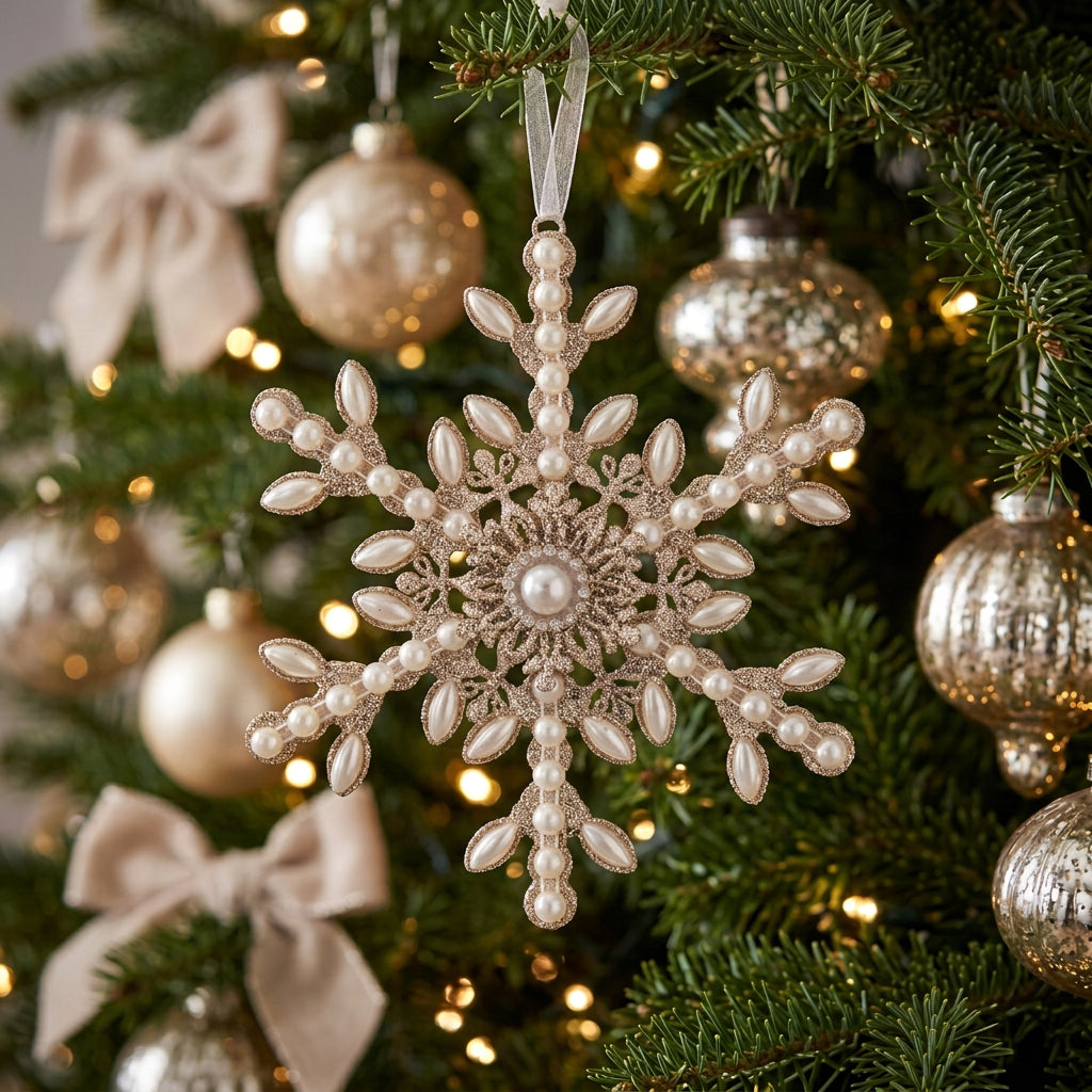 Decorative snowflake ornament with pearls and crystals hanging from a christmas tree branch with champagne and gold ornaments in the background.