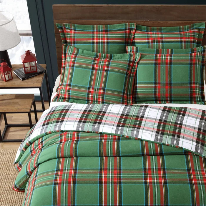 Reversible Spencer Plaid Flannel Comforter Set displaying the green tartan plaid side with red stripes and matching pillow shams.