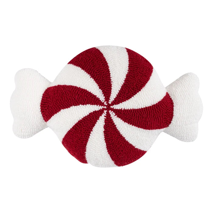 Red and white peppermint candy shaped Christmas throw pillow with textured swirl design and wrapped candy ends on a white background.
