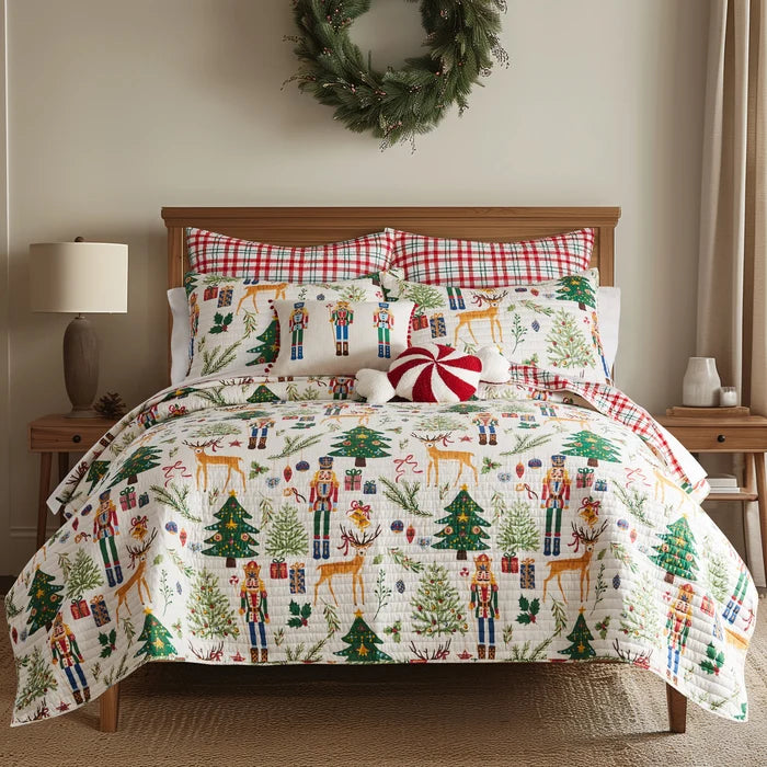 Peppermint Candy Shaped Pillow centered on a bed with colorful Nutcracker Christmas quilt, plaid pillows and festive holiday bedroom décor.