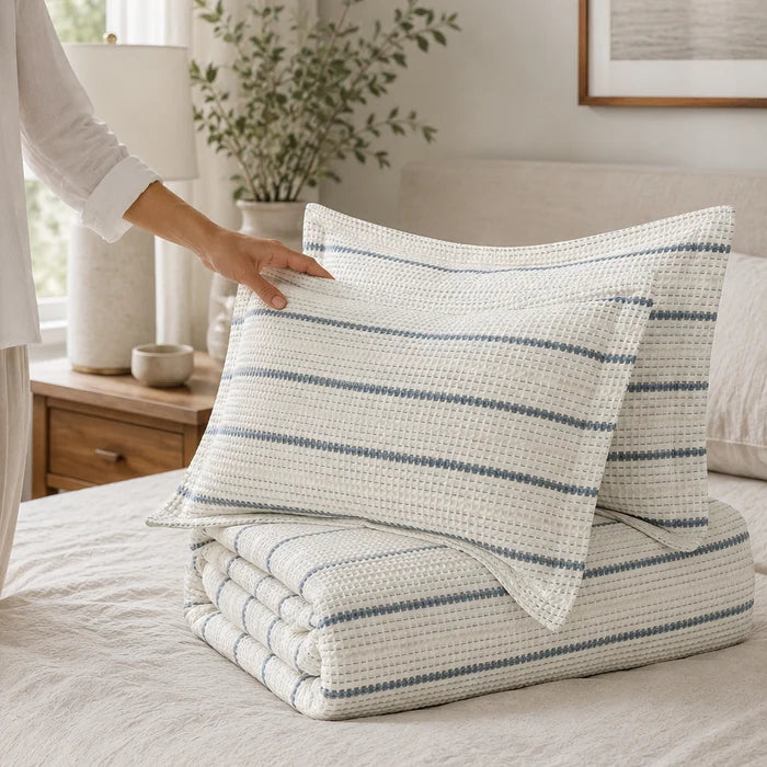 Folded ivory and blue striped waffle comforter with two matching pillow shams showing textured fabric and classic horizontal stripes.
