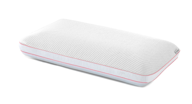 Sleeptone LOFT Cool Control Pillow showing light blue cooling fabric, rectangular medium-loft shape, and pink satin piping on white background.