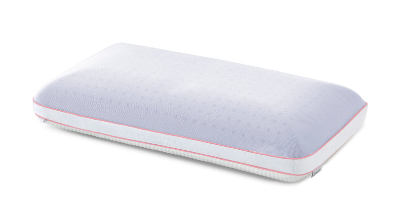 Sleeptone LOFT Cool Control Pillow featuring a textured white removable cover, pink satin piping, and supportive rectangular shape.