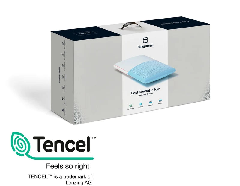 Sleeptone LOFT Cool Control Pillow retail packaging showing dual-zone cooling pillow and TENCEL fabric branding.