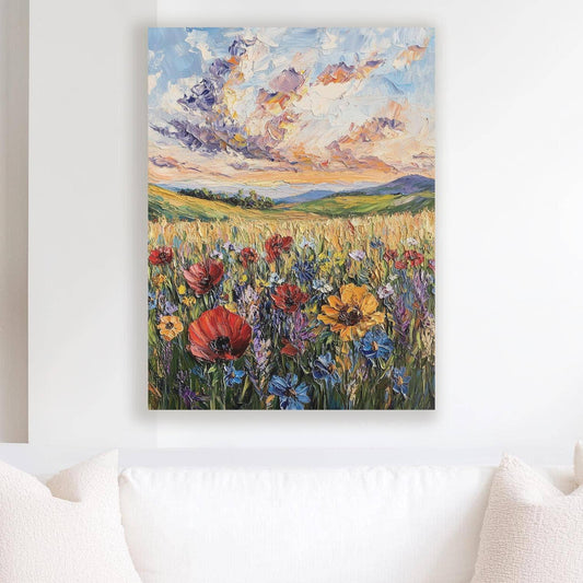 Painting of a field of flowers with a colorful sky above, displayed on a wall above a white sofa.