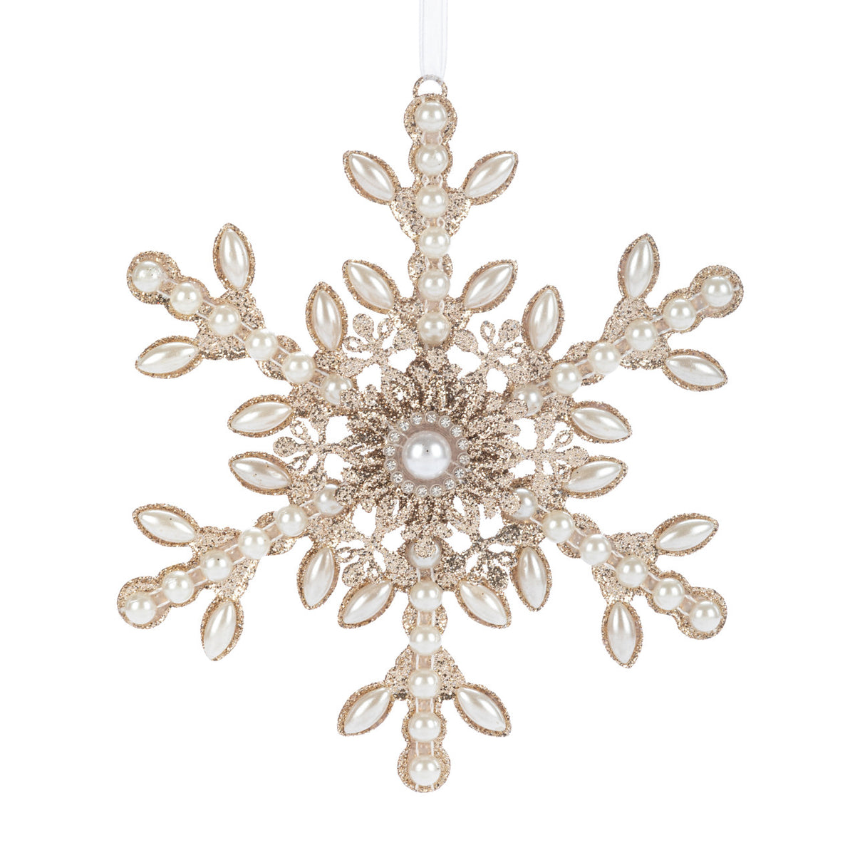 A snowflake-shaped hanging ornament with a gold-tone filigree frame, white faux pearls, and clear teardrop rhinestones, shown against a plain white background.