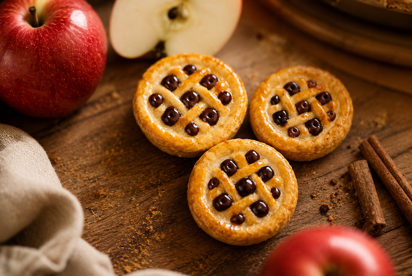 Three small pie cookies with chocolate chips on a wooden surface with apples and cinnamon sticks.