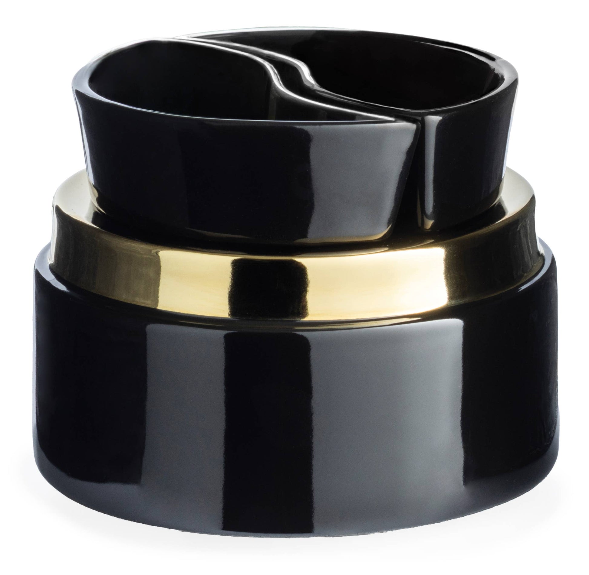 A glossy black ceramic container with a wide polished gold band around the middle, photographed on a clean white background.